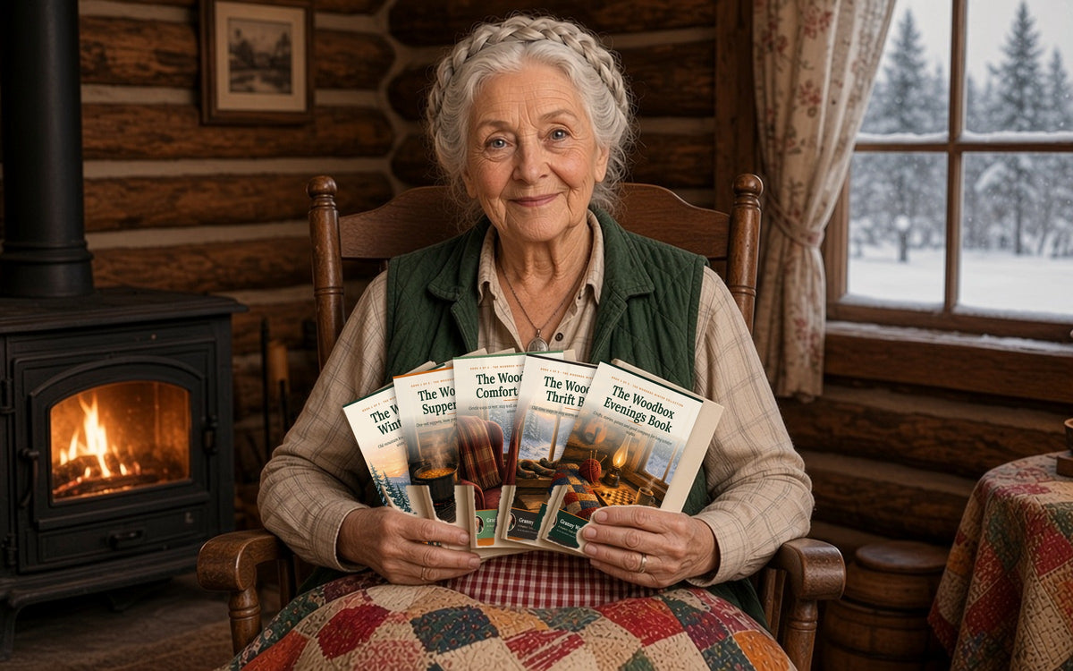 Granny Wren Holloway holding the five Woodbox Winter Collection books by the woodstove