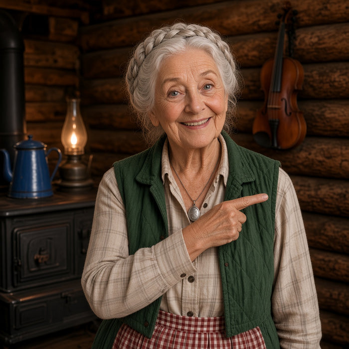 Granny Wren Holloway pointing to The Woodbox Winter Book bundle