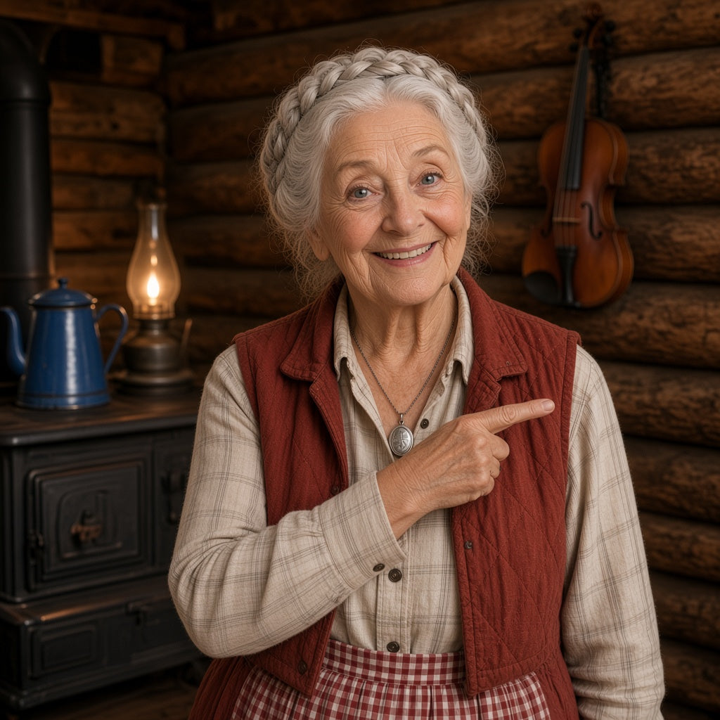 Granny Wren Holloway, AI storyteller character, pointing to the WWII e-book bundle